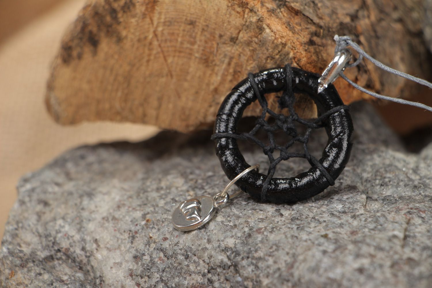 Handmade dreamcatcher amulet pendant necklace woven of black cords for women photo 1