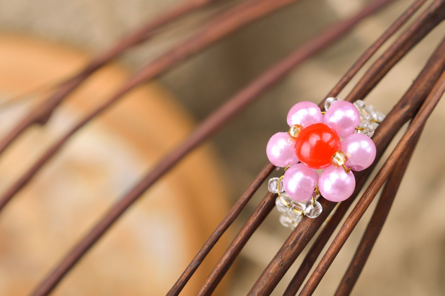 Pink and red small children's handmade beaded ring photo 1