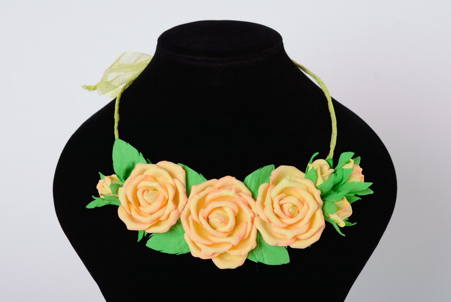 Handmade plastic suede flower necklace with yellow roses photo 1