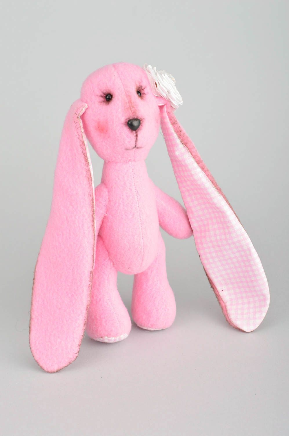 Handmade designer soft toy sewn of fleece and cotton pink rabbit with long ears photo 2