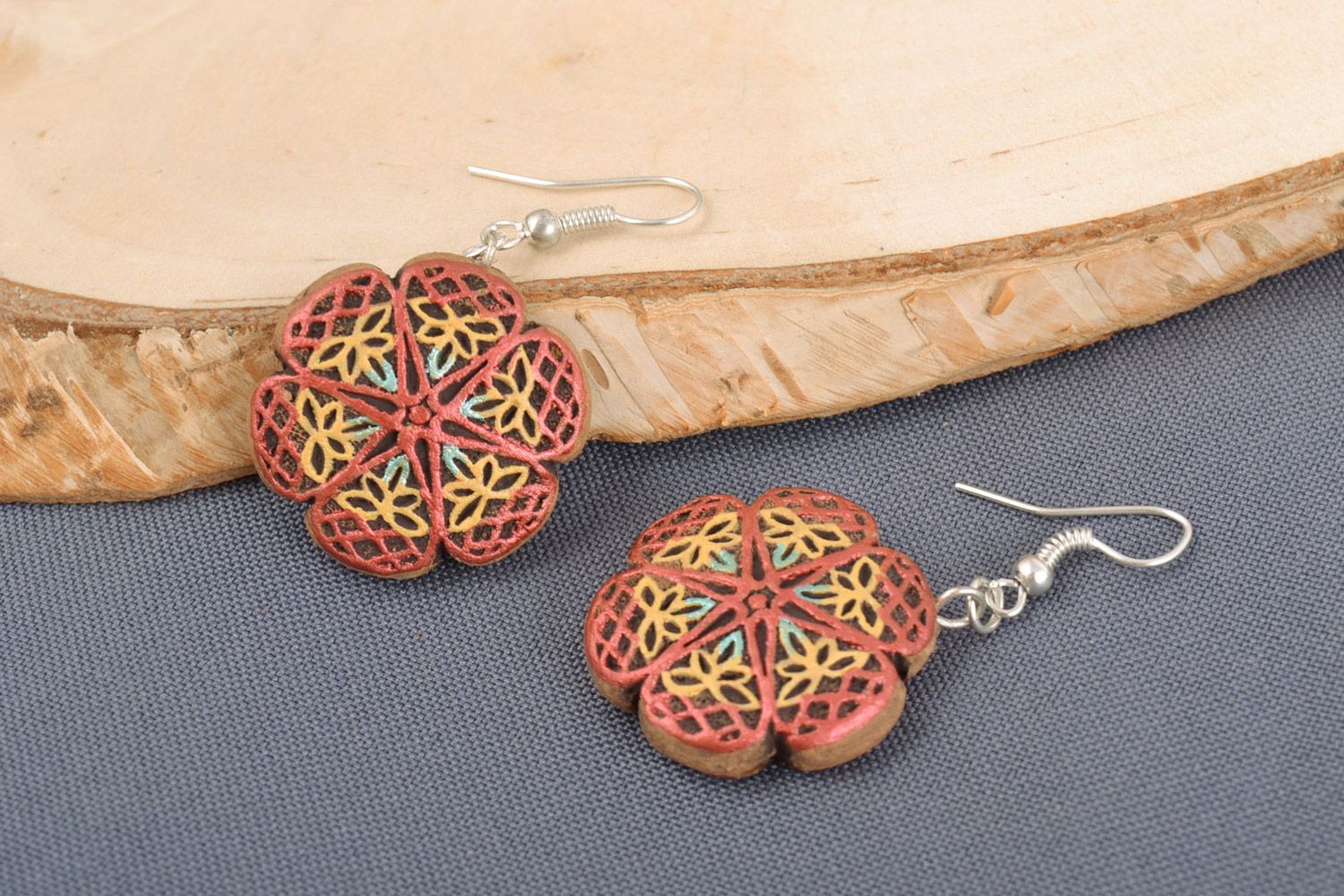 Handmade bright painted ceramic dangling earrings in the shape of flowers photo 1