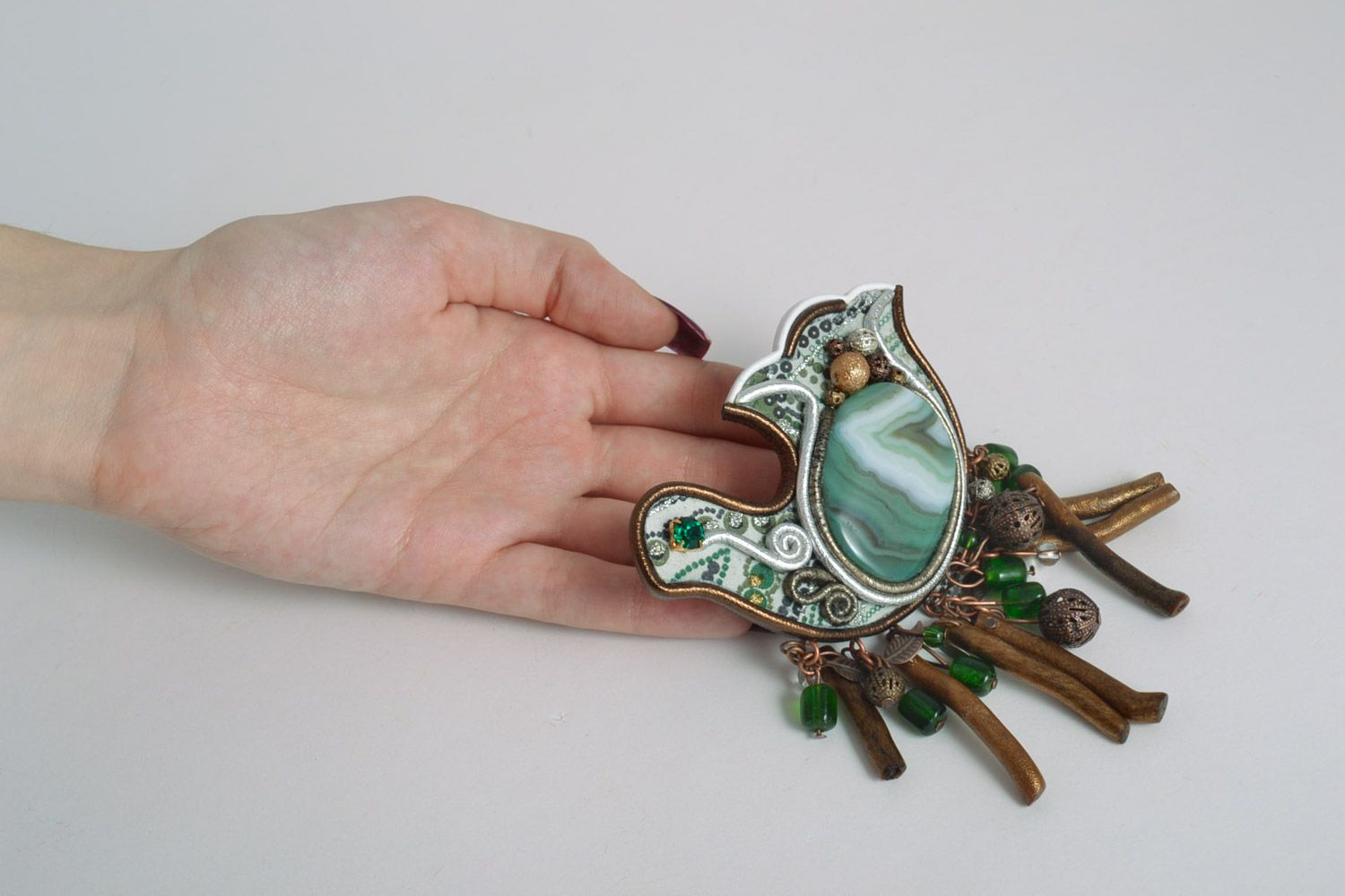 Leather handmade brooch in the form of a bird with natural stones large green accessory photo 2