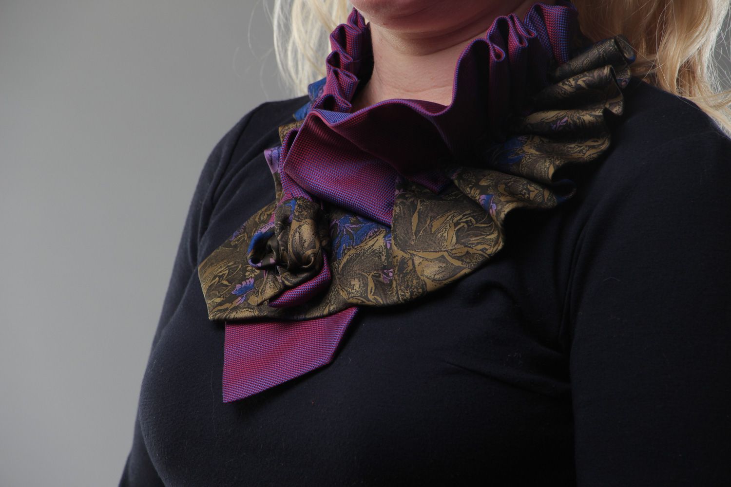 Handmade designer women's decorative fabric collar sewn of men's ties photo 5