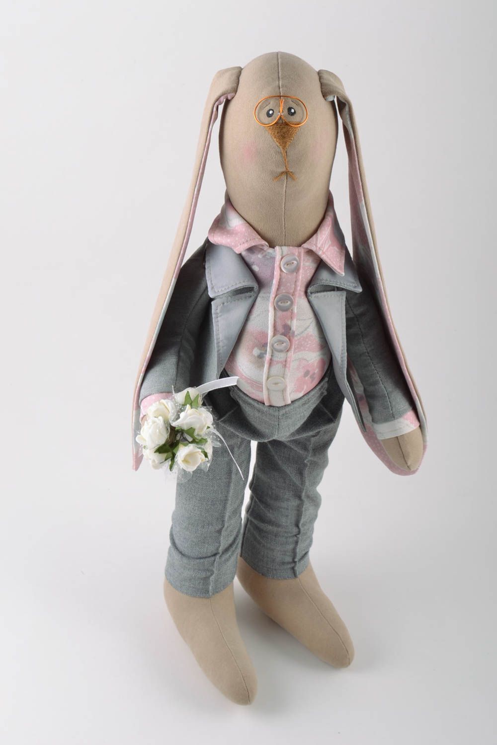Handmade designer fabric soft toy rabbit groom in suit with flower bouquet photo 5