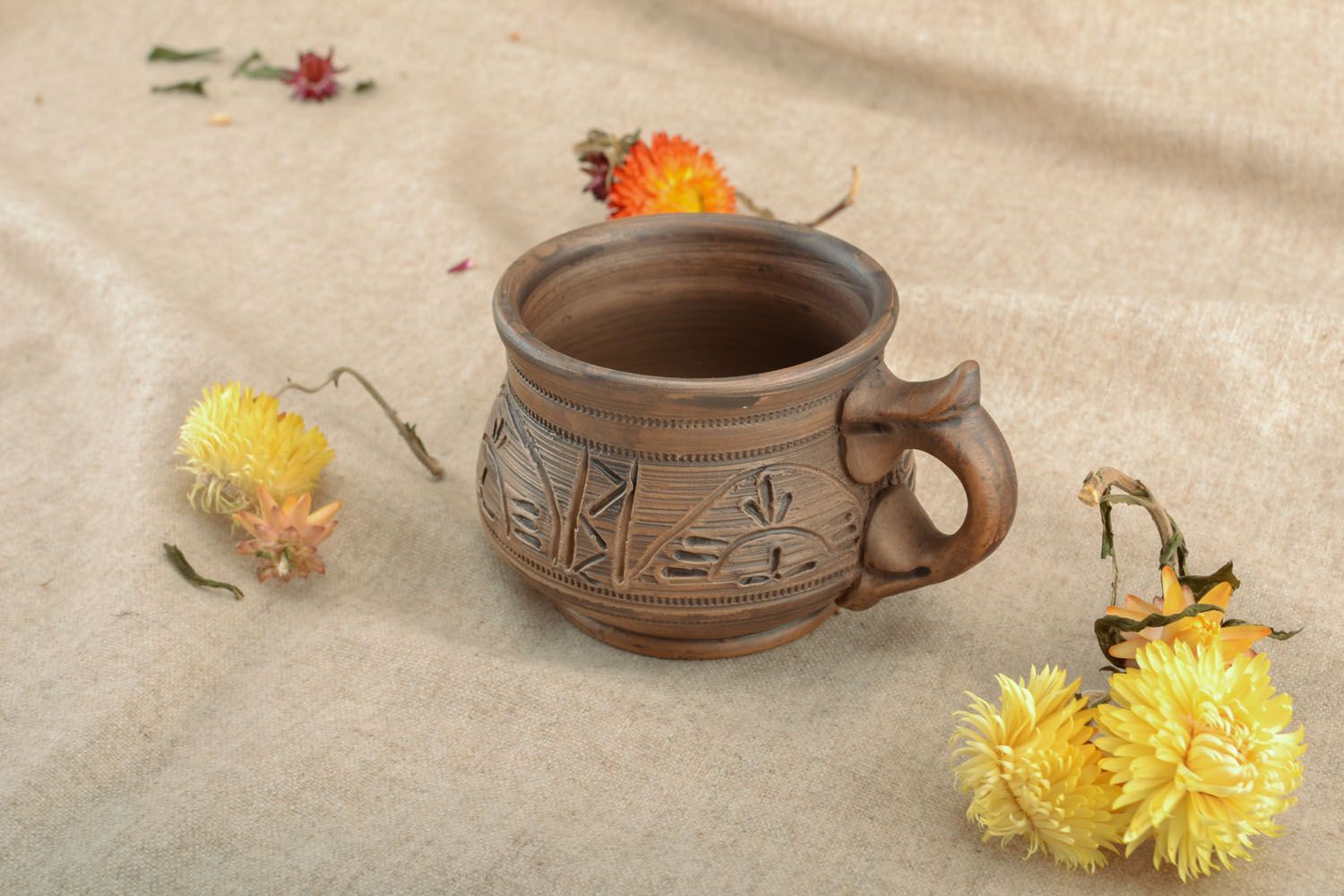 5 oz clay flat coffee cup with handle and Mayan pattern photo 5