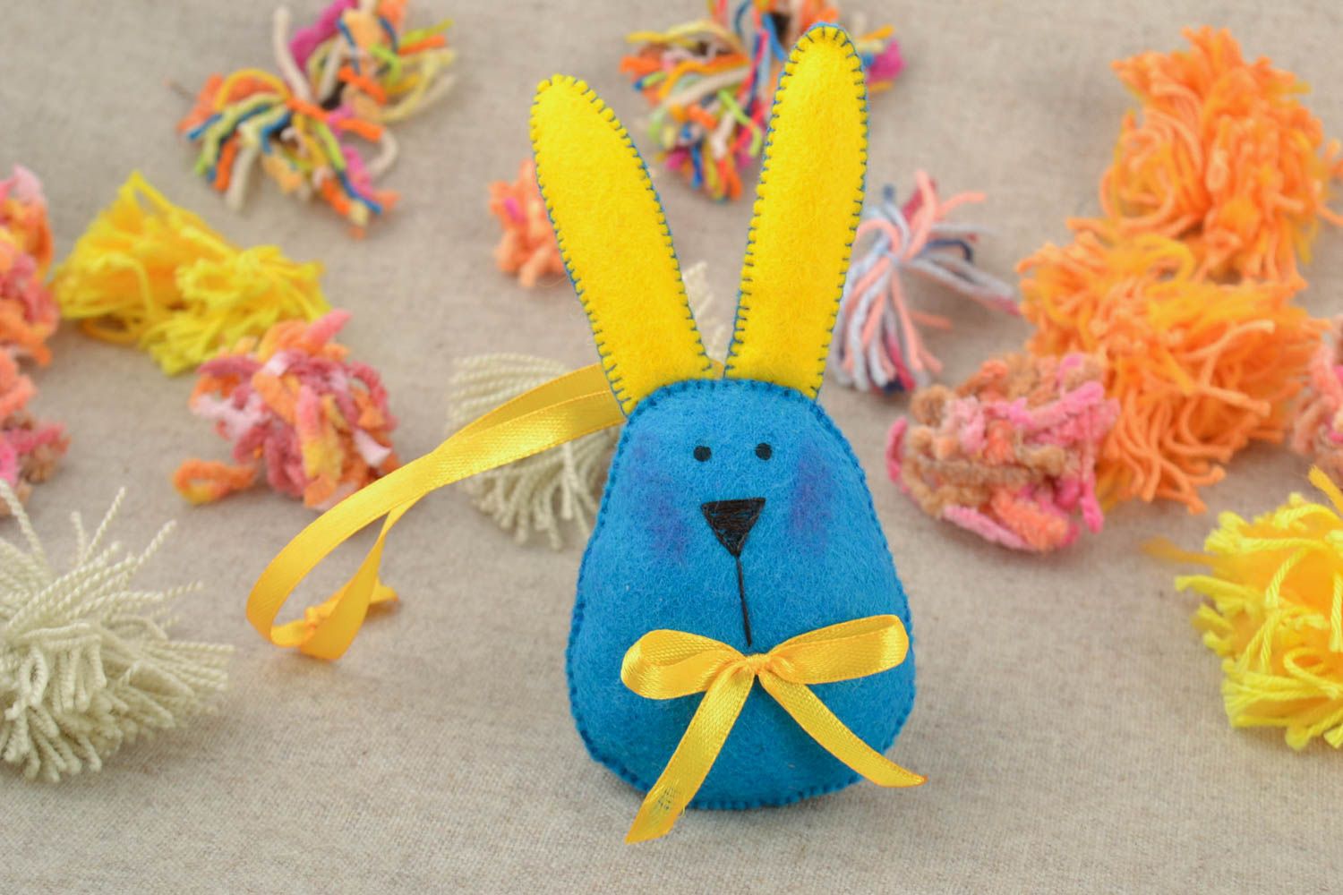 Blue and yellow handmade small fabric soft toy hare with eyelet photo 1