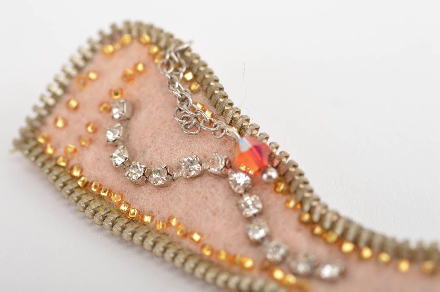 Handmade designer brooch unusual beaded leather accessory elegant jewelry photo 2