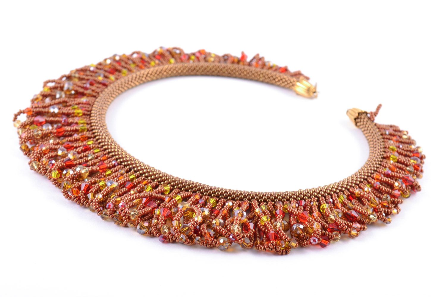 Massive handmade necklace woven of beads with fringe in warm color palette photo 4