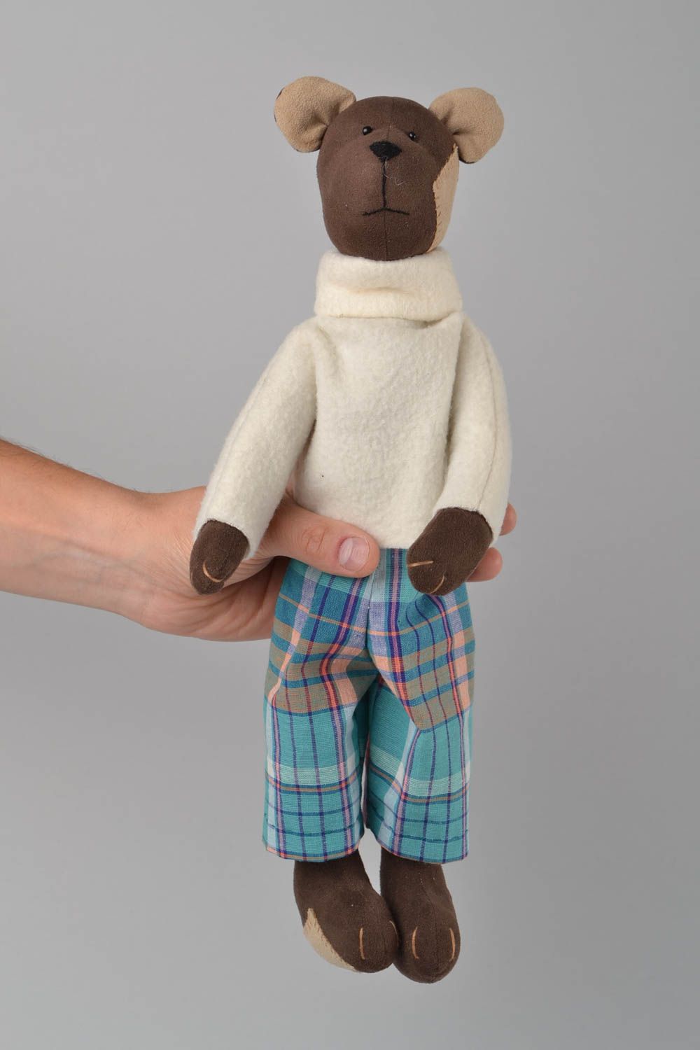 Handmade fabric soft toy brown bear in white sweater and checkered shorts photo 2