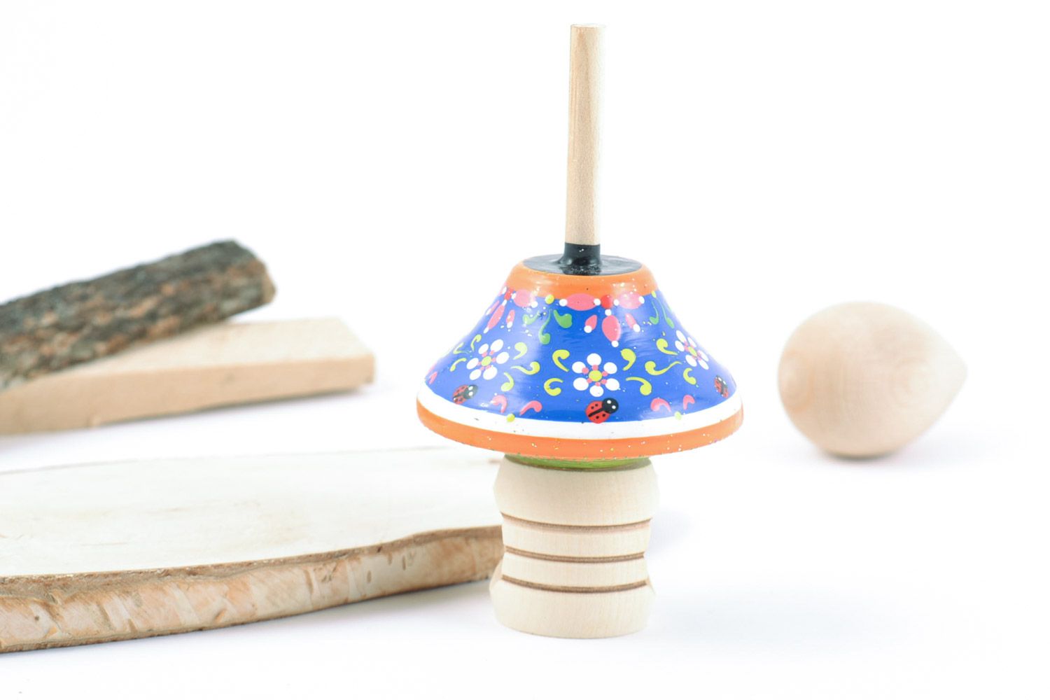 Wooden painted spinning top without a ring small eco friendly handmade toy photo 1