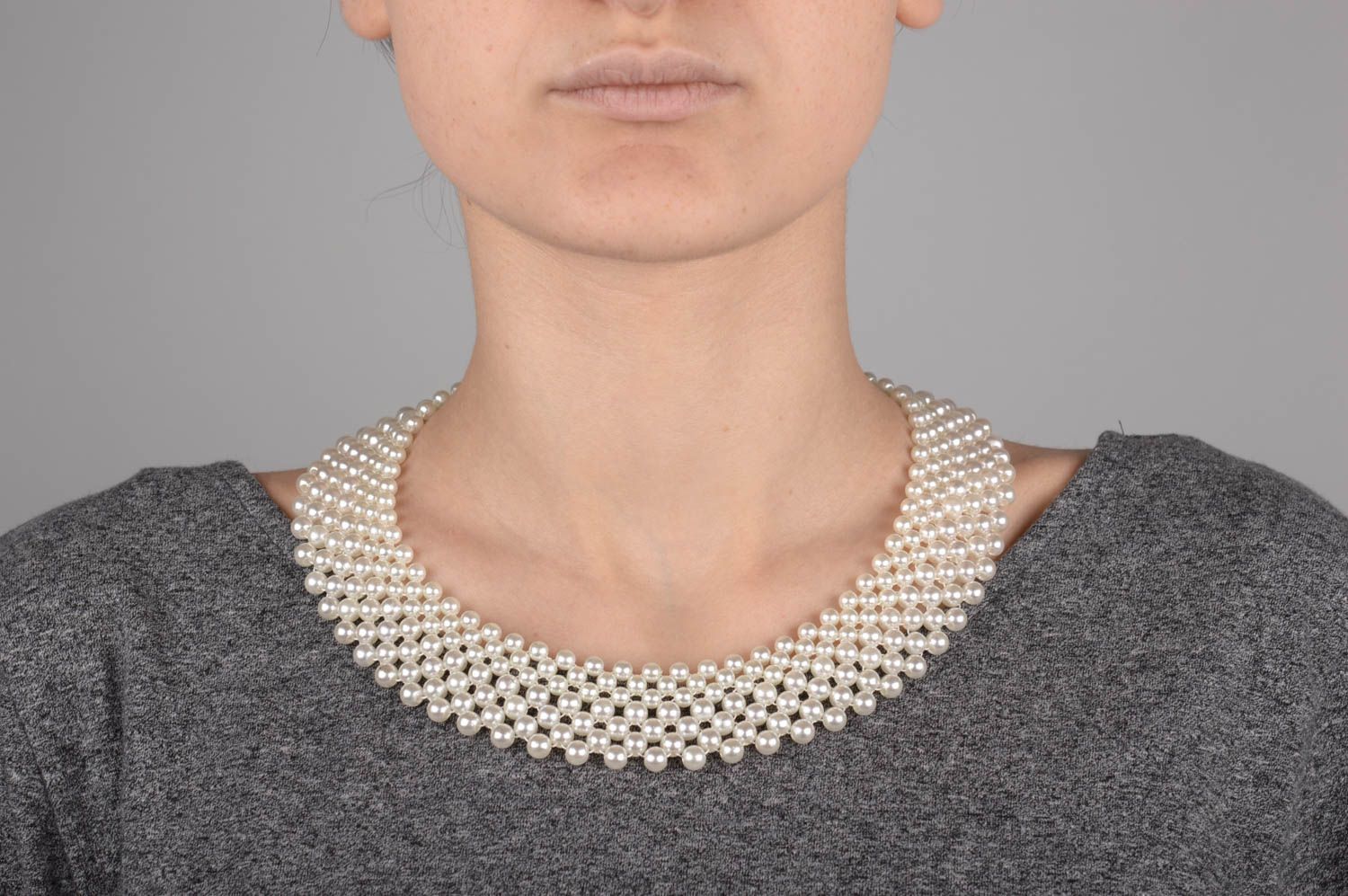 Handmade white beaded necklace designer stylish accessory unusual necklace photo 5