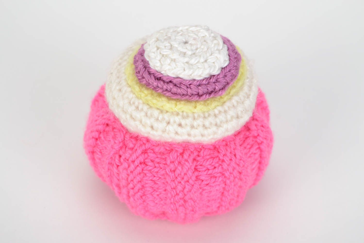 Handmade interior crochet soft toy in the shape of a beautiful pink cake  photo 3