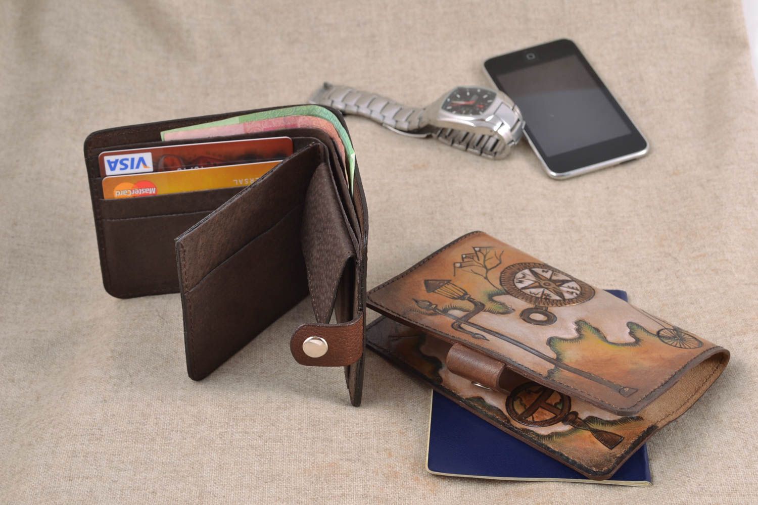 Étui pour passeport et portefeuille en cuir naturel faits main ensemble cadeau photo 1