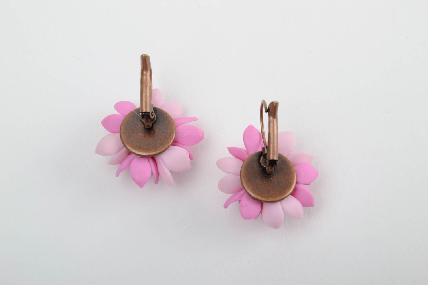Handmade small festive earrings with tender pink cold porcelain lilac flowers photo 5