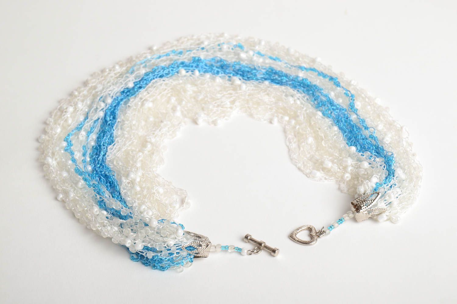 White and blue handmade multirow airy beaded necklace beautiful jewelry photo 4