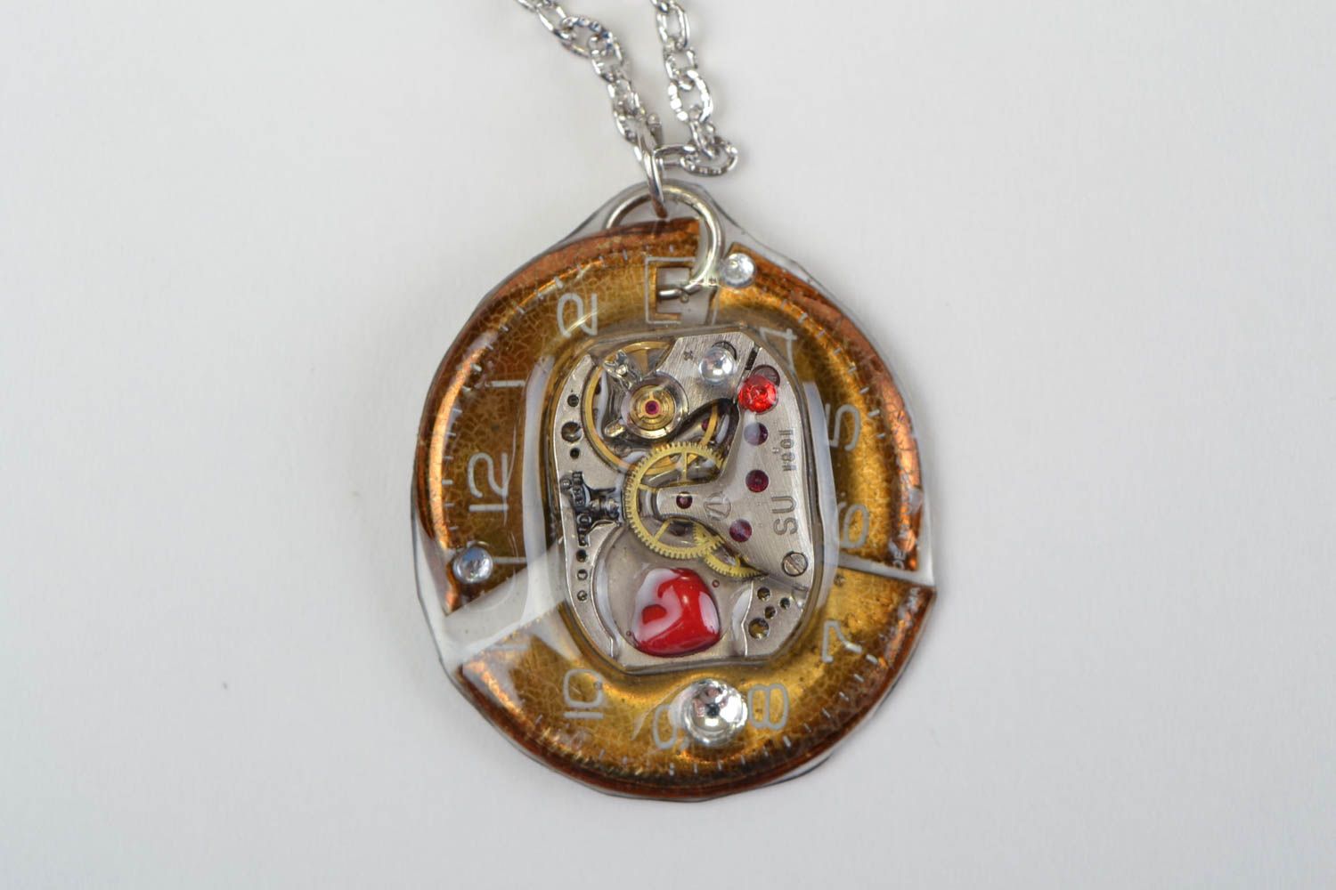 Beautiful handmade designer round steampunk pendant with chain and plastic basis photo 3