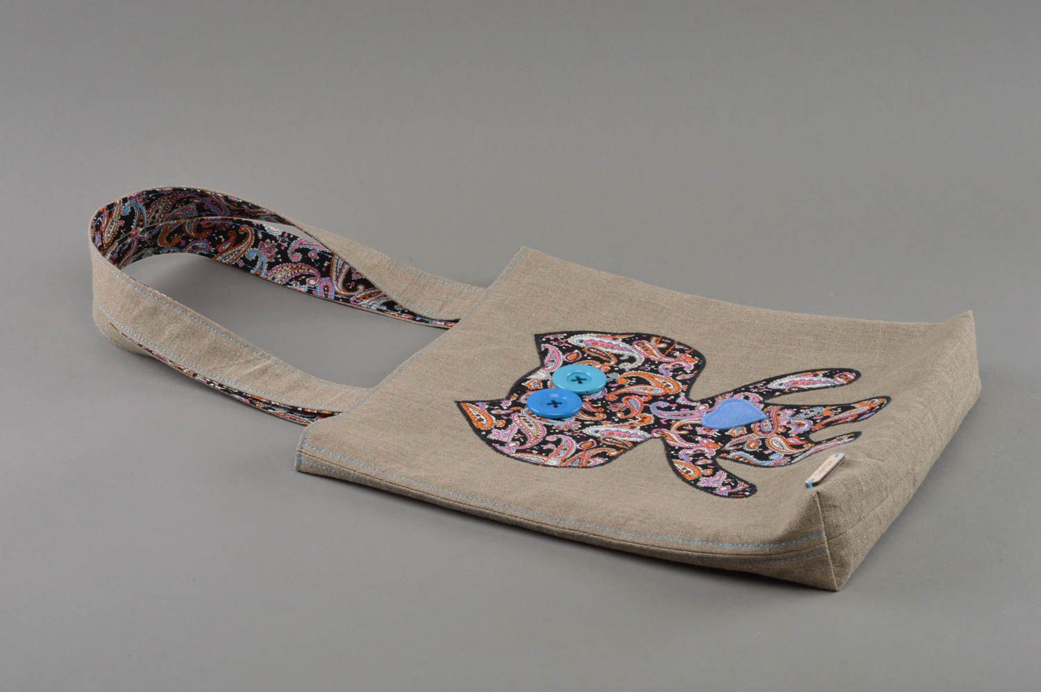 Handmade Schultertasche aus Leinen stilvoll umweltfreundlich mit Kater foto 1