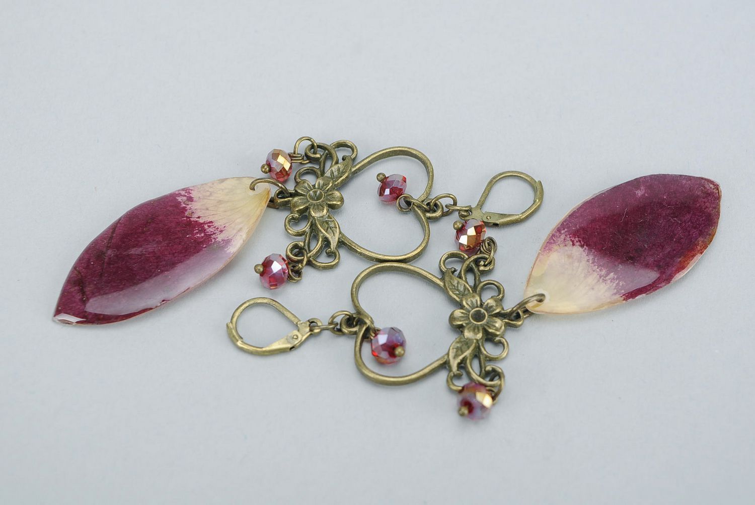Earrings made from rose petals and crystal beads photo 1