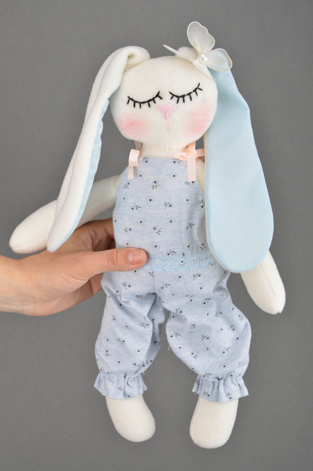 Handmade designer cotton fabric soft toy tender rabbit in blue overall photo 3