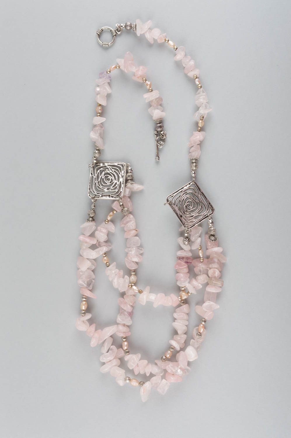 Handmade designer multi row necklace with pink quartz and metal elements photo 2