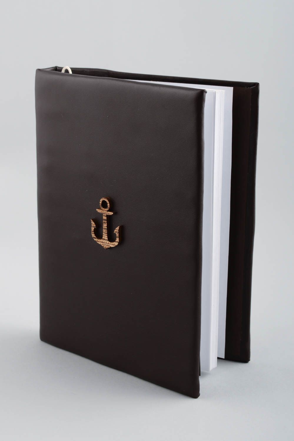 Handmade beautiful dark designer notebook with leather cover and anchor photo 2