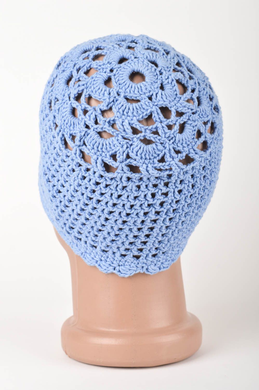 Bonnet tricot fait main Chapeau au crochet bleu ciel ajouré Vêtement enfant photo 5