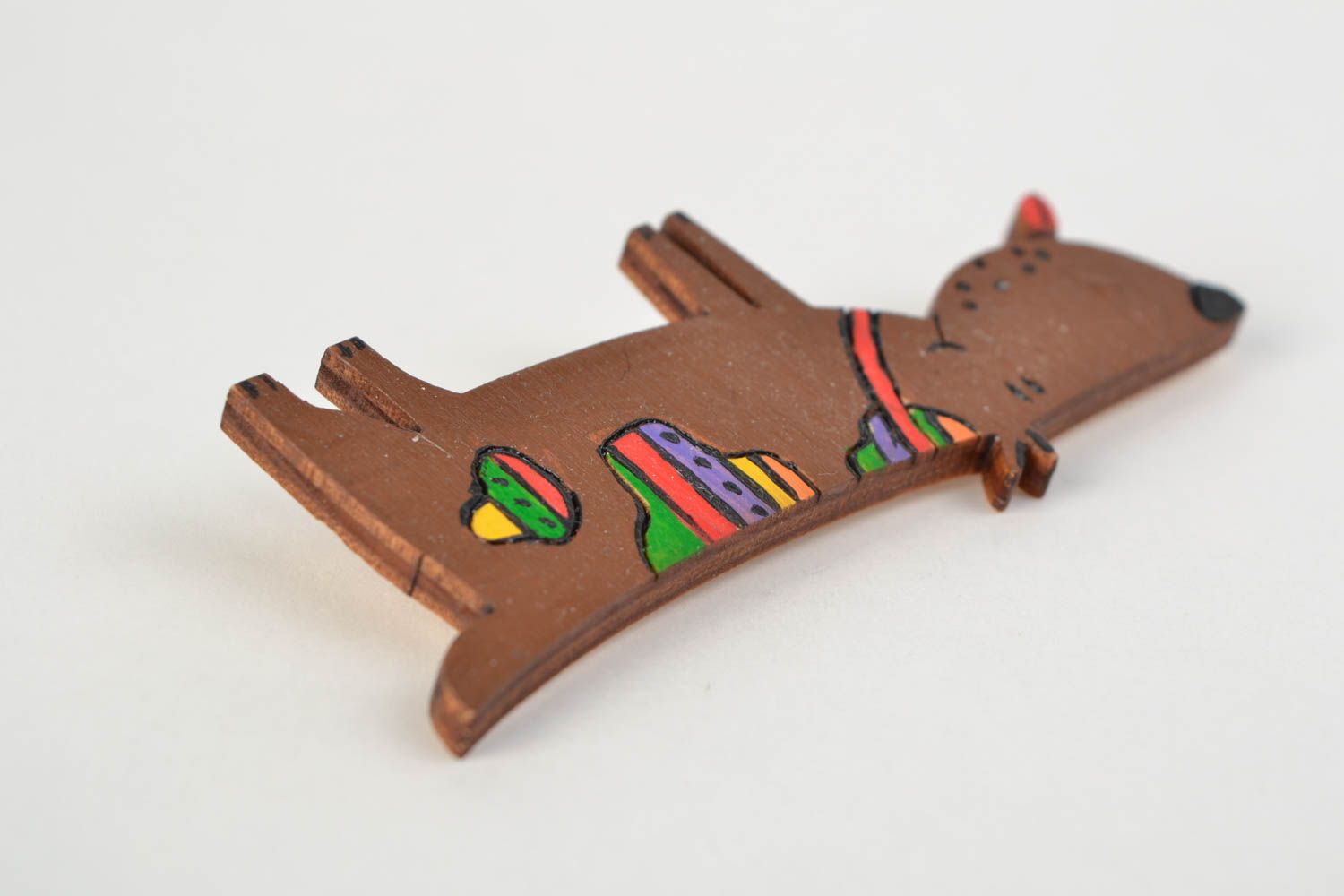 Bright handmade painted wooden brooch in the shape of dog for children photo 3
