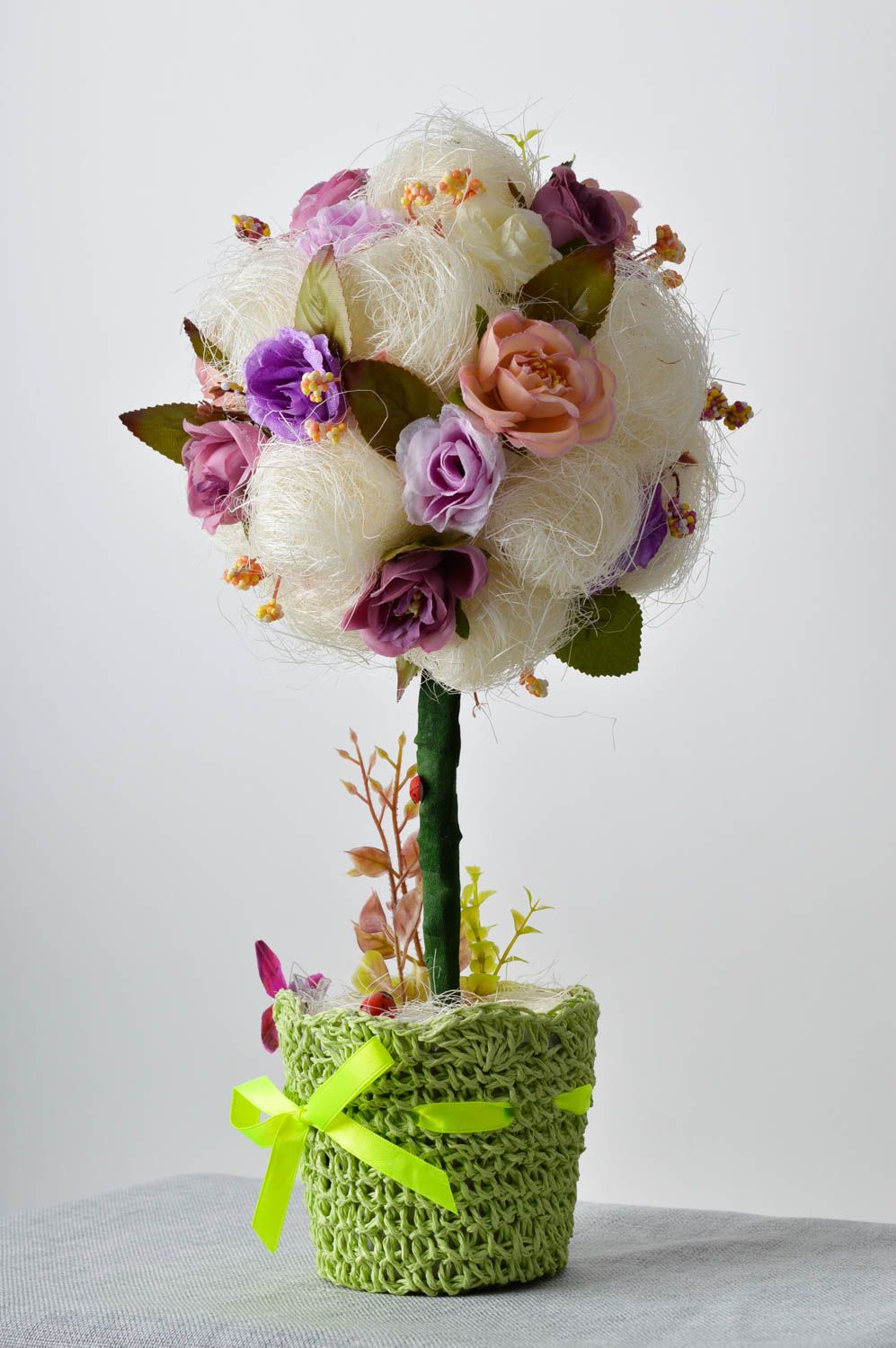 Подарок ручной работы топиарий из сизаля дерево счастья розовое с сиреневым фото 1