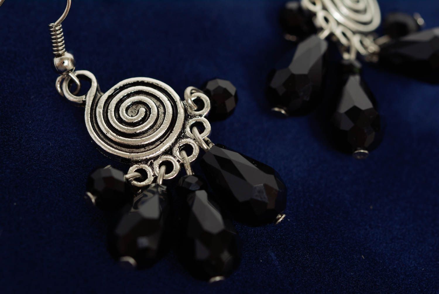 Handmade massive metal earrings with black glass beads photo 4