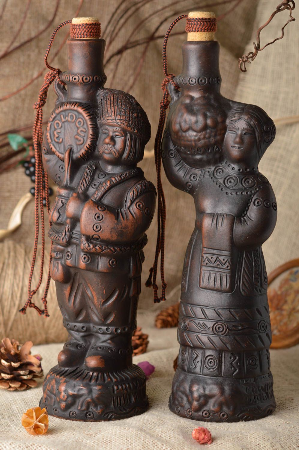 Set of 2 handmade decorative ceramic bottles in the shape of man and woman 1.4 l photo 1