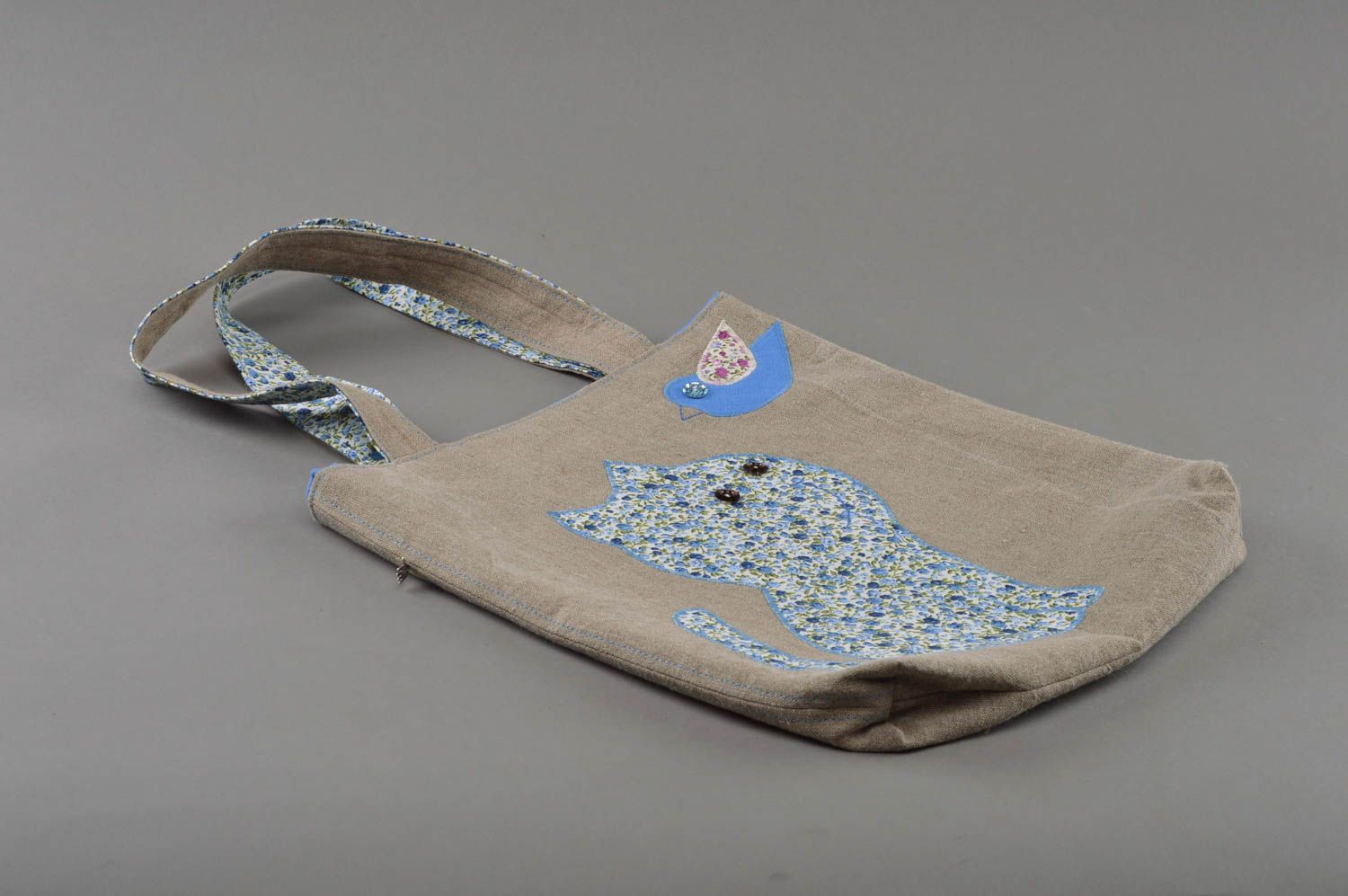 Handmade designer linen fabric bag gray and blue with applique work Kitten photo 1