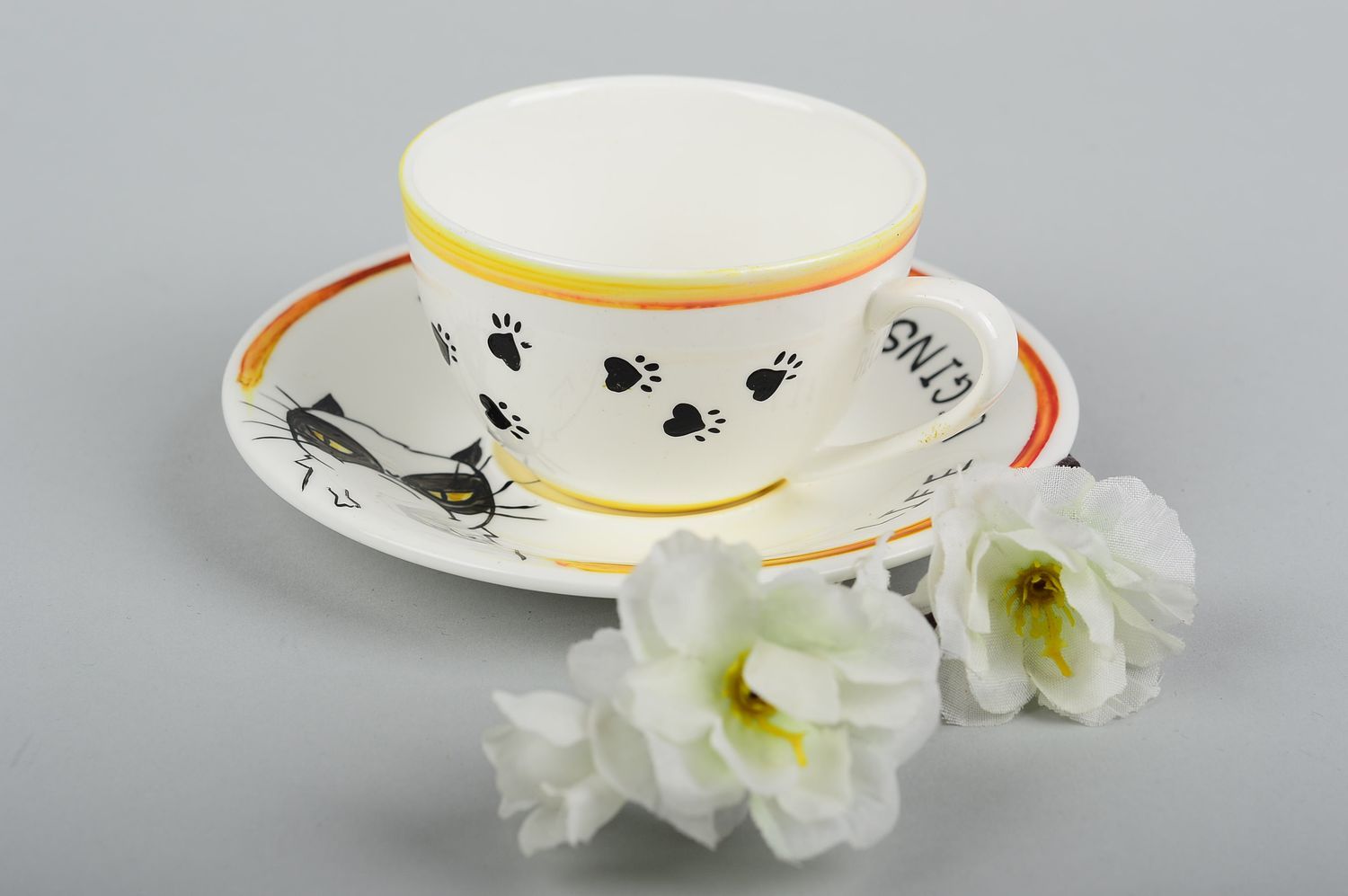 Кофейная чашка с блюдцем ручной работы кофейная посуда с котом красивая посуда фото 1