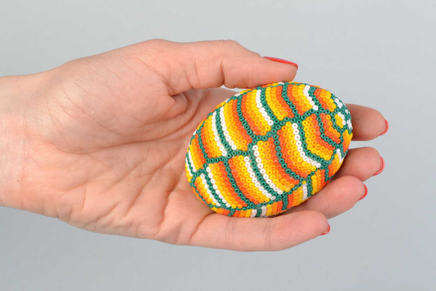 Handmade wooden Easter egg woven over with bright beads in Huichol style  photo 2