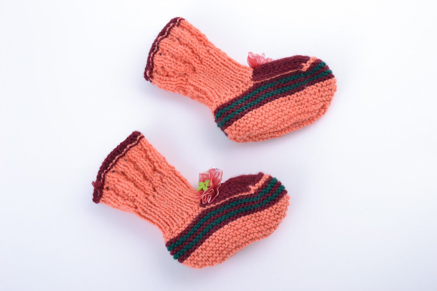 Small soft handmade baby booties knitted of natural wool in pink color palette photo 4