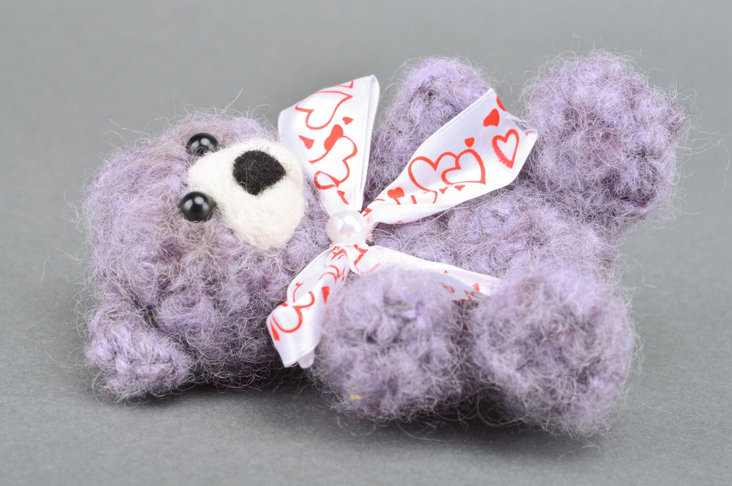 Handmade small soft toy Bear crocheted of mohair threads of violet color photo 5