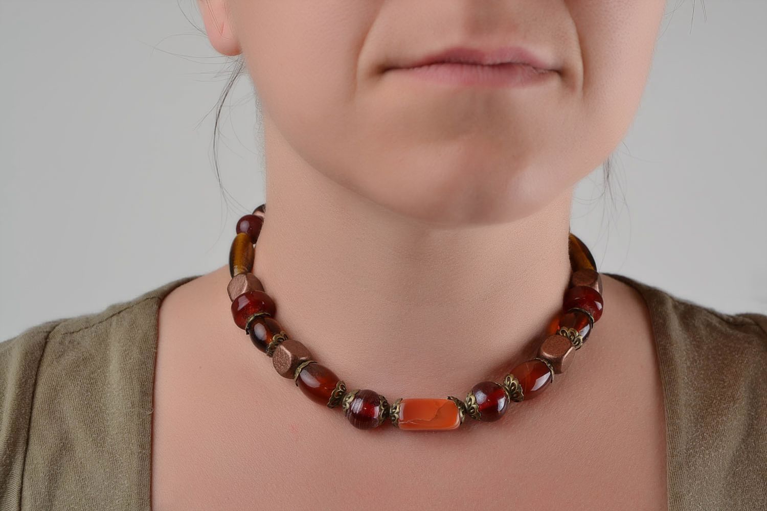 Handmade laconic short necklace with wooden glass and cornelian beads brown photo 2