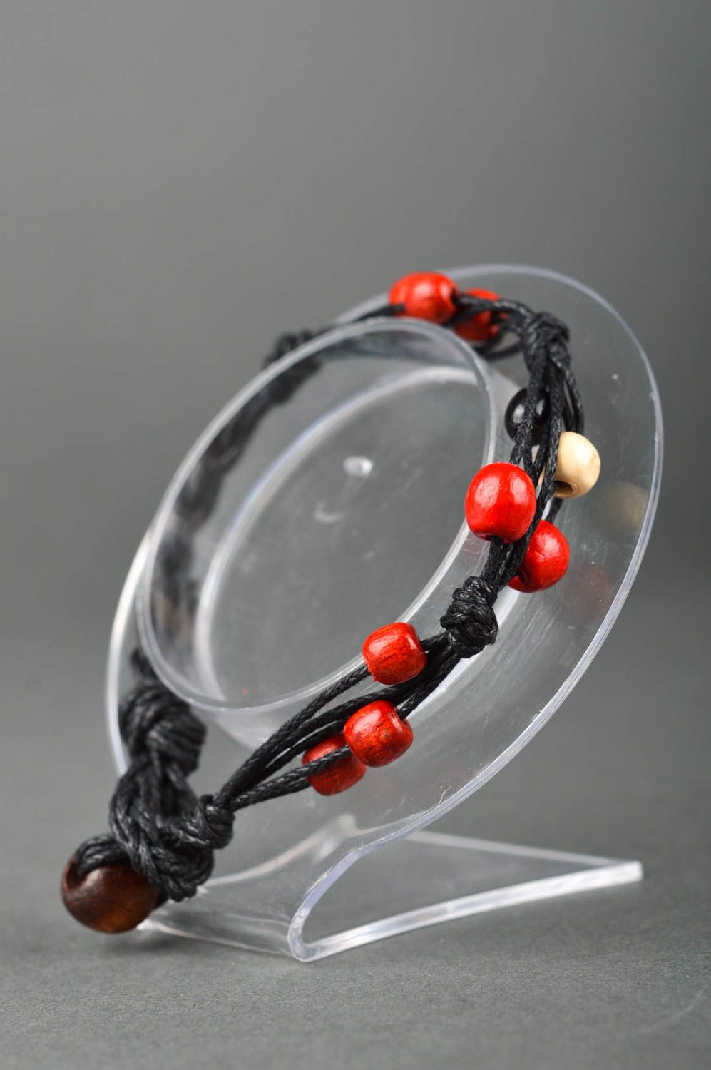 Wax black rope handmade strand red beads bracelet for her photo 2
