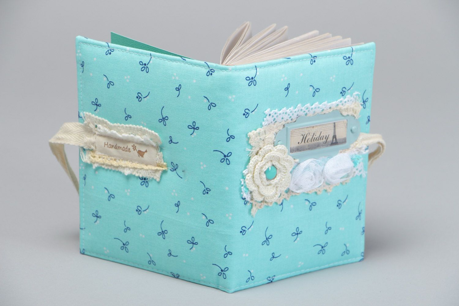 Handmade designer blue beautiful notepad with fabric cover and lace 80-sheet photo 4