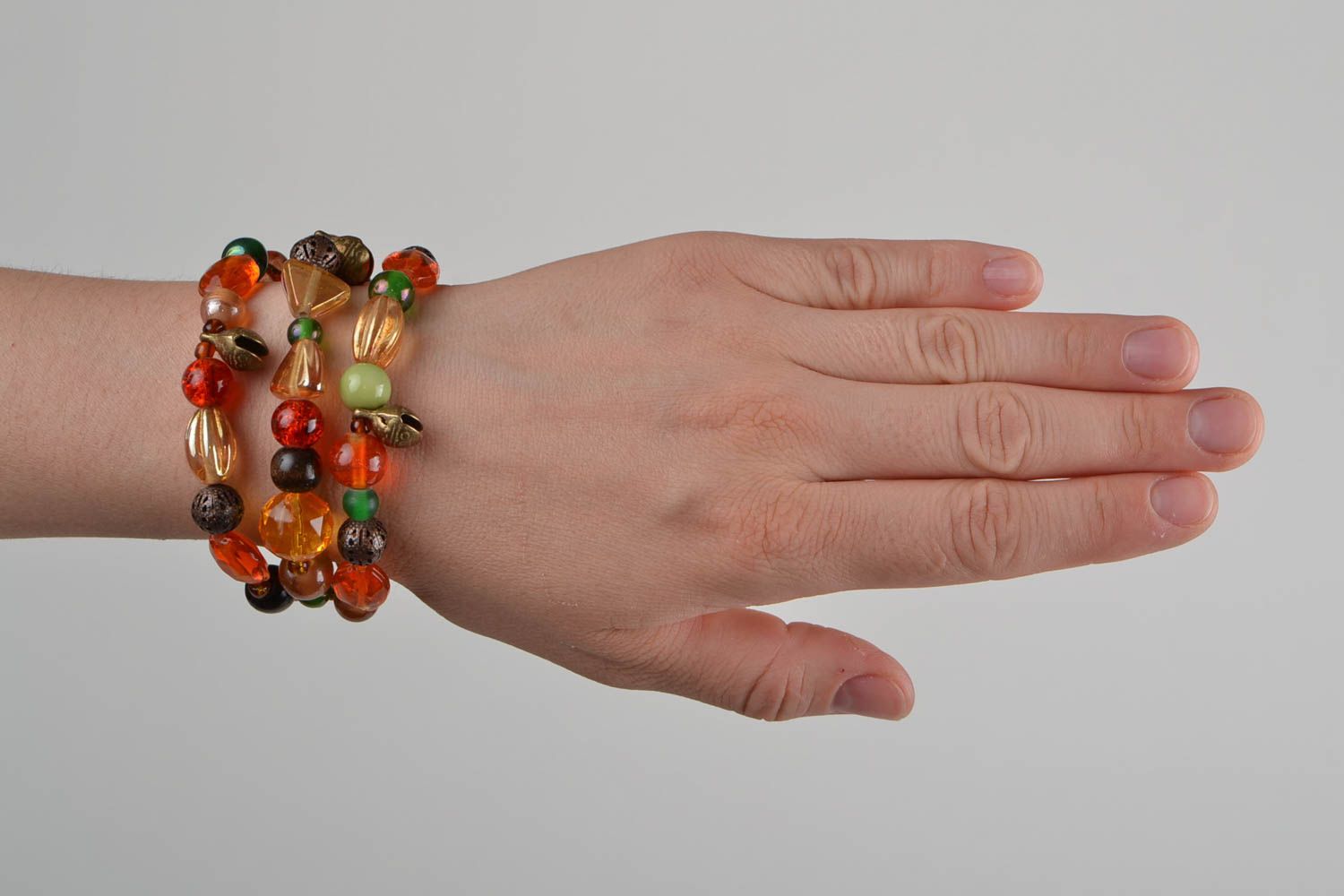 Handmade colorful multi row wrist bracelet with glass and wooden beads photo 2