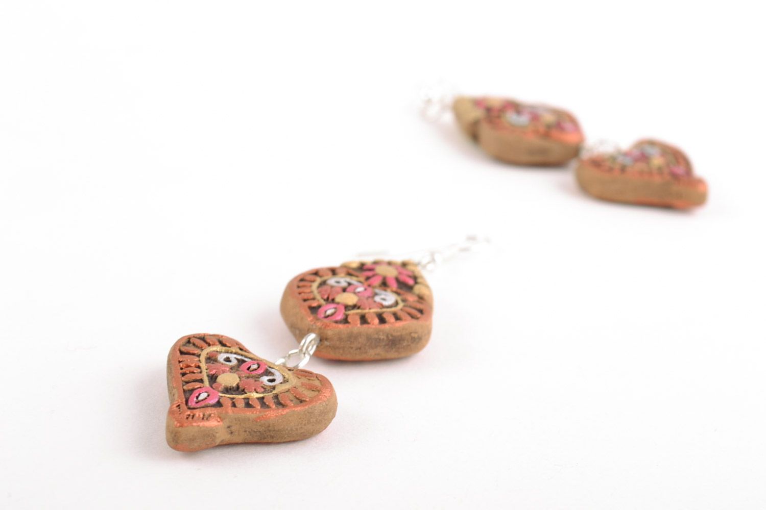 Handmade long dangling ceramic earrings painted with acrylics in ethnic style photo 4
