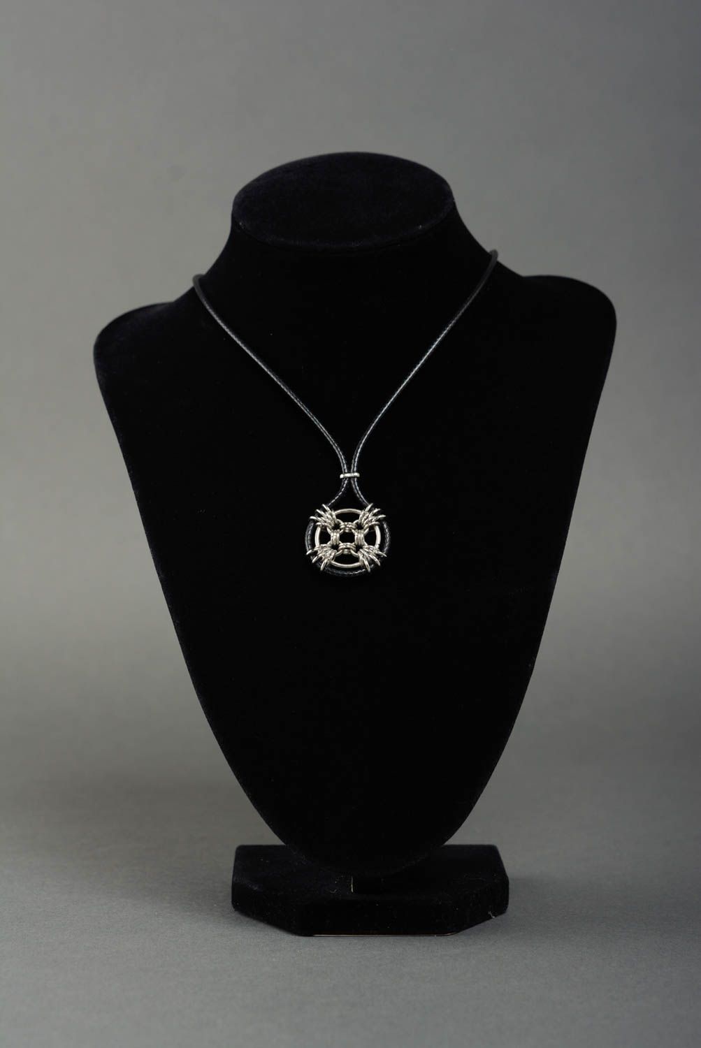 Unusual stylish handmade designer round black metal neck pendant with cord photo 2