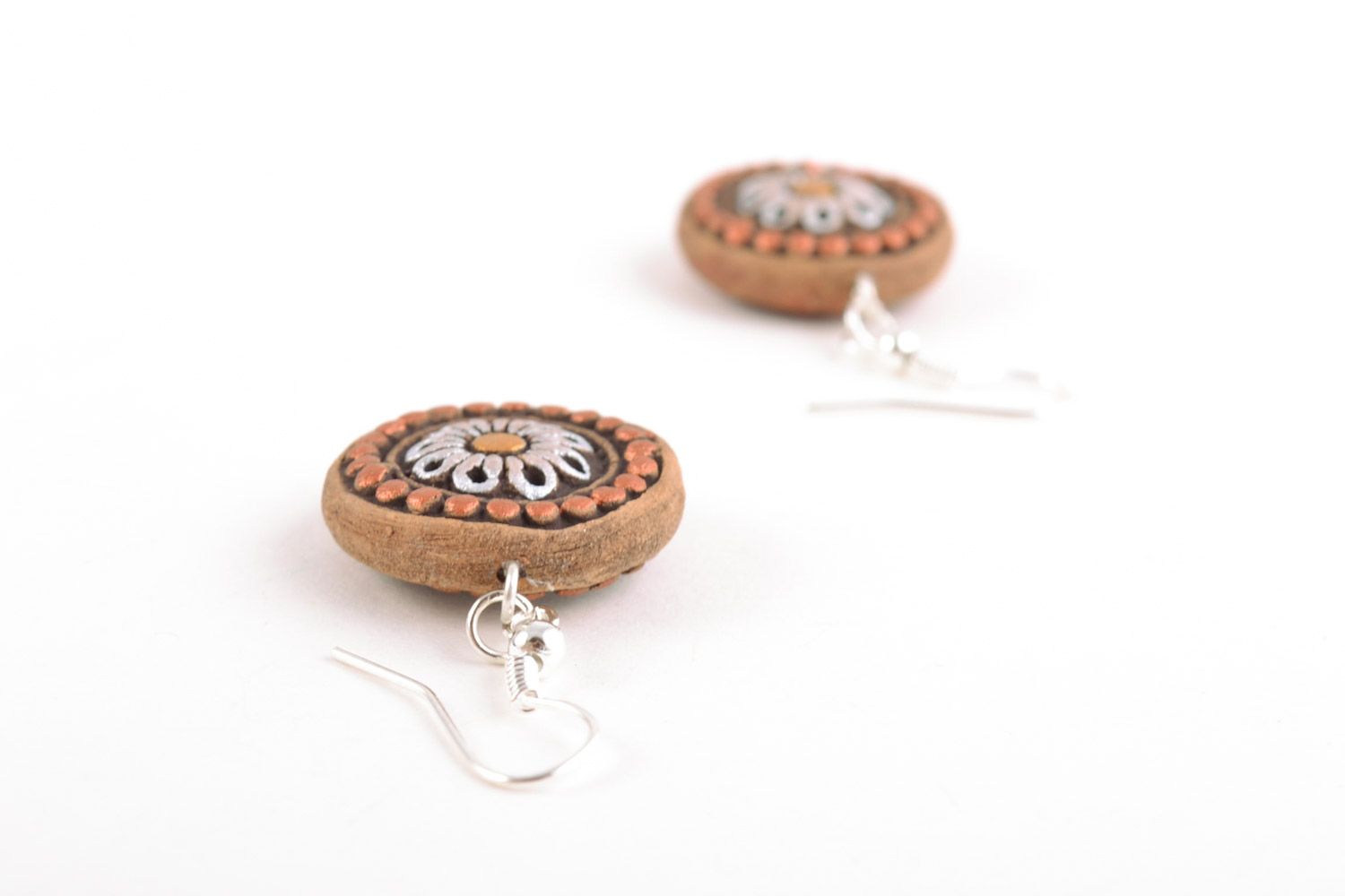 Round-shaped ethnic ceramic earrings ornamented with acrylic paints handmade photo 4