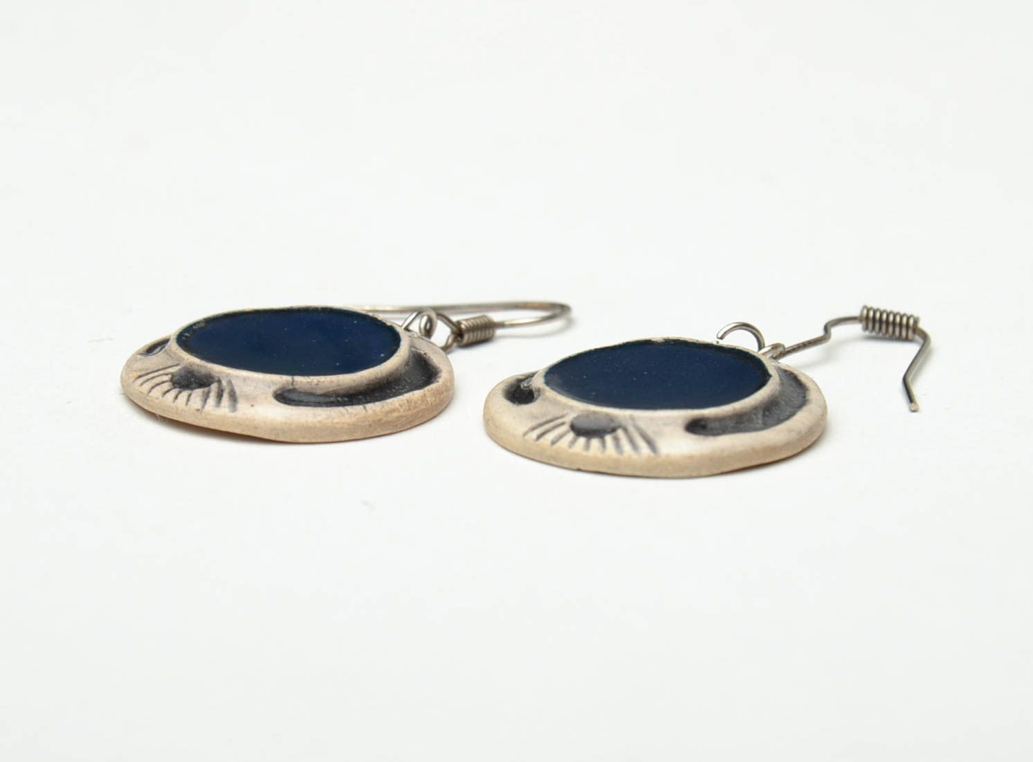 Blue round clay earrings painted with color enamels photo 3
