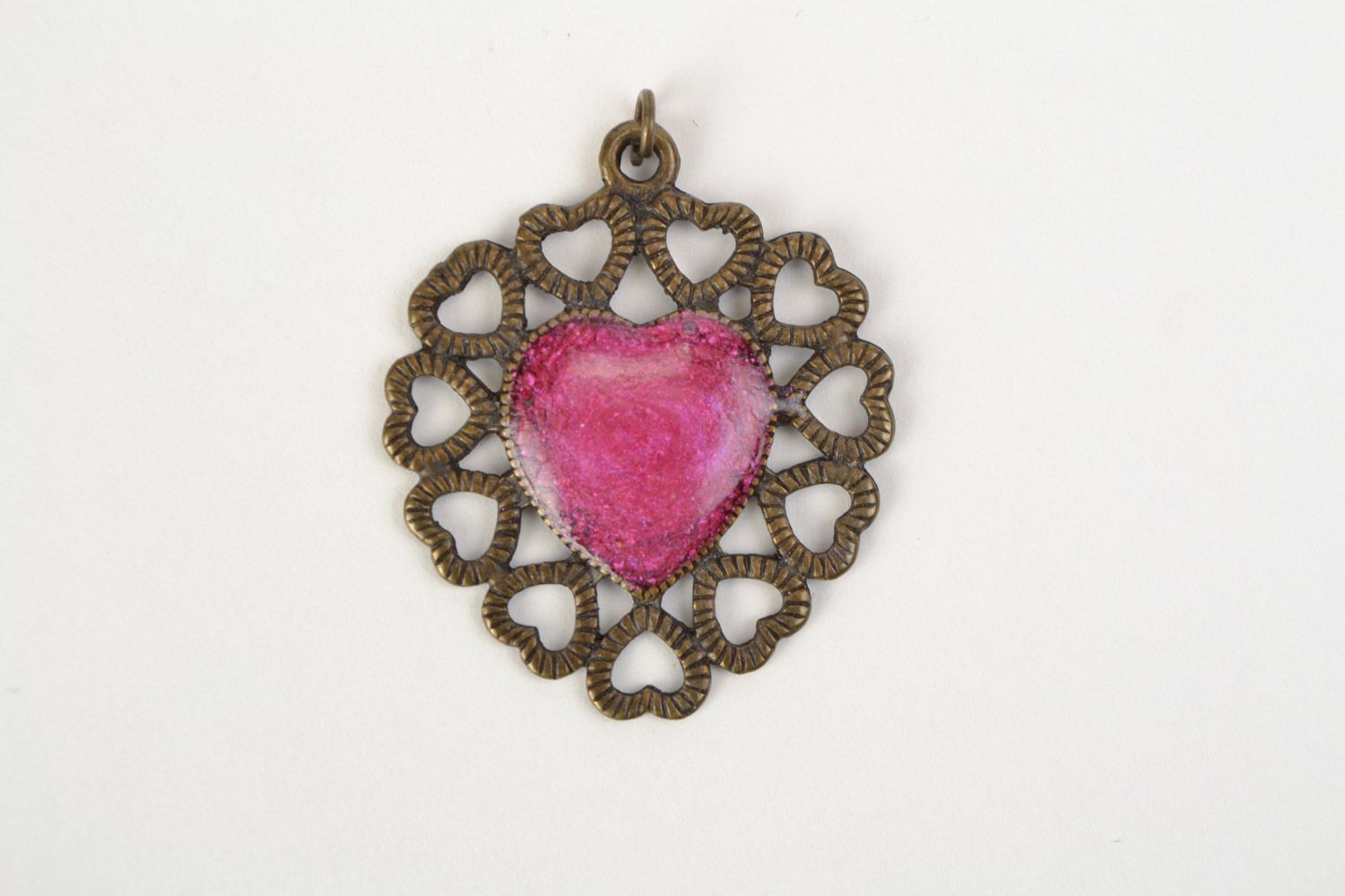 Handmade heart-shaped neck pendant with pink filler in jewelry glaze photo 5