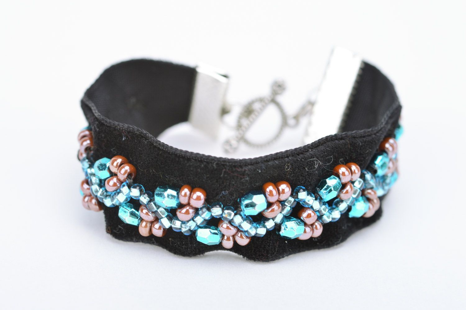 Bracelet fait main textile brodé de perles de rocaille noir large bijou photo 5