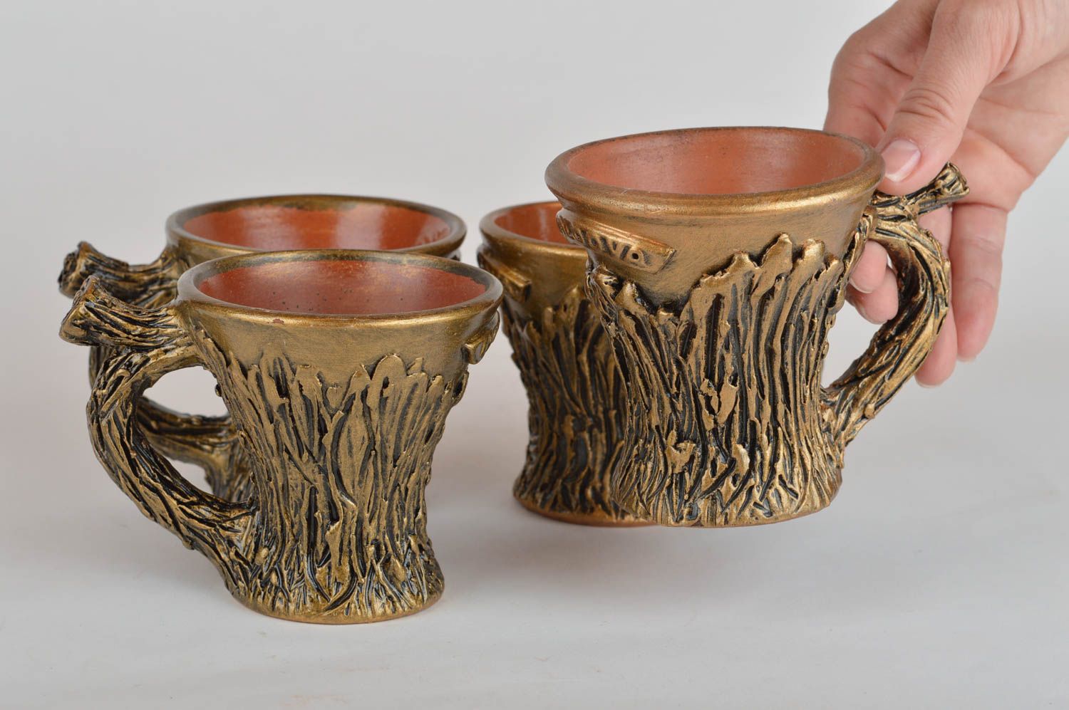 Set of 4 four clay glazed 3 oz coffee cups colored with gold color with wooden pattern and handle photo 3
