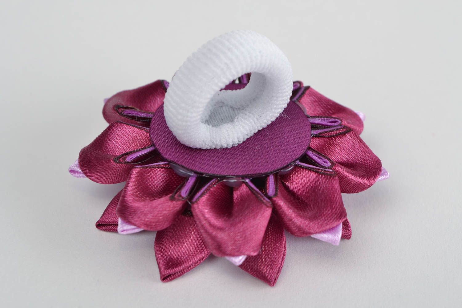 Claret and pink homemade kanzashi satin ribbon flower hair tie for children photo 5