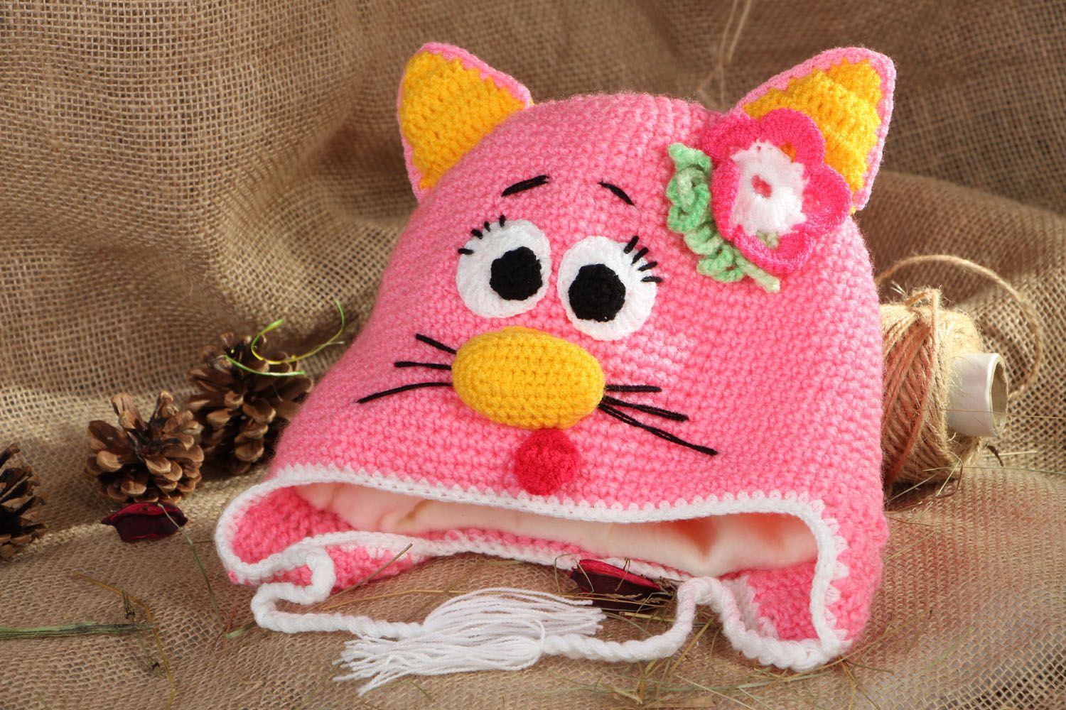 Bonnet chat rose tricoté à la main photo 5