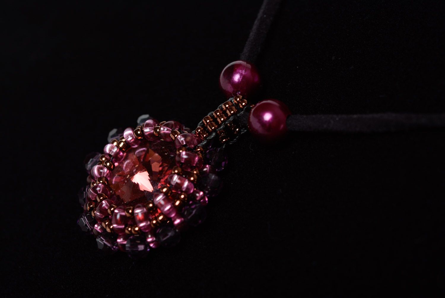 Beautiful elegant handmade woven Czech bead pendant with suede cord photo 4