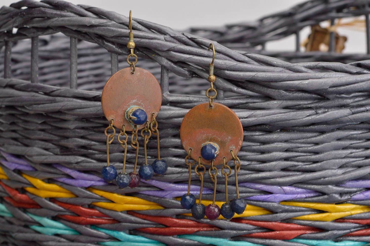 Pendientes de cobre artesanales bisutería fina pendientes femeninos jades azules foto 1